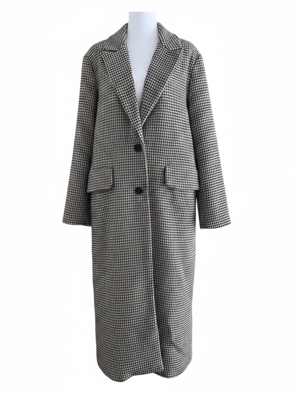 A New Day Black Beige White Houndstooth Plaid Long Topcoat - Size L